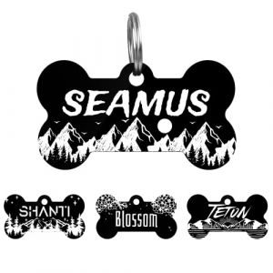 Médaille noire en forme d'os pour chien, médaille personnalisée avec nom et adresse gravés, médaille pour collier de chien avec gravure laser blanche (Nicovang, neuf)