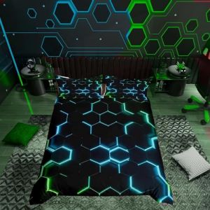 Homemissing Housse de Couette Hexagonale Vert Turquoise et Noir nid d'abeille imprimé Housse de Couette 140x200cm Enfants Garçons Adolescents nid d'abeille décoration Parure de Lit Géométrique (Bofanshangmao, neuf)