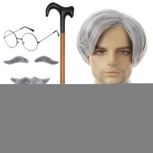 Ensemble de perruques de vieil homme, cosplay de vieil homme | Costume de grand-p&egrave;re 8 pi&egrave;ces/ensemble pour hommes, taille adulte | Perruque canne de marche, lunettes, Faux sourcils, moustache (tukoa, neuf)
