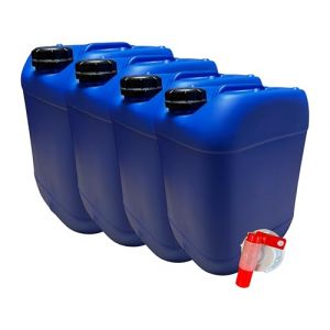 Lot de 4 Bidons Plastique Bleu 20 L litres Bouchon DIN 61 &ndash; PEHD R&eacute;sistant pour Liquides Alimentaires et Chimiques &ndash; Poign&eacute;e Ergonomique, Empilable &ndash; R&eacute;utilisable et Durable - Jerry can Jerrican (Jordan_Jordan, neuf)