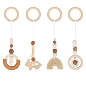 heavenlife 4 Pièces Arche de Jeux Bébé en Bois, Jouet Arche Portique Eveil Bebe pour Poussettes, Portique Deveil, Jouet Naissance Cadeaux 3 6 12 Mois pour Siège de Bébé Landau (Marron) (allowreve, neuf)