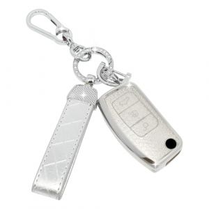 SparkleJoy Coque Cl&eacute; Voiture TPU avec Un Porte-Cl&eacute;s en Cuir,Etui Cl&eacute; &Eacute;tui Cl&eacute; Compatible avec Ford Fiesta Focus Mondeo Tourneo Ecosport Galaxy Kuga Falcon Fusion Escort Ka B-Max - Flip Key (Argent) (AutoVeloce Europe, neuf)