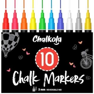 Chalkola Set 10 Feutre Craie Liquide Effaçable avec Or et Argent | Pointe Réversible 3mm | Chalk Marker et Peinture Stylo Craie pour Tableau Noir | Effacable Marqueur pour Vitre,Fenetre Verre, Ardoise (WizMops, neuf)