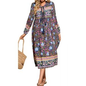 R.Vivimos Femmes Robe de Plage &agrave; Manches Longues &agrave; imprim&eacute; boh&egrave;me Chic d&eacute;contract&eacute; Robe &eacute;l&eacute;gante Longue midi Robe de Vacances(XL,NavyBlue) (Jian Mei E-commerce Co., Ltd., neuf)