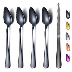 Ensemble de 5 Cuillères à Pamplemousse Noir, 4 Cuillères à Pamplemousse En Acier Inoxydable et 1 Couteau à Pamplemousse, Ensemble D'ustensiles de Pamplemousse, Cuillère à Bords Dentelés (Rainbow185, neuf)