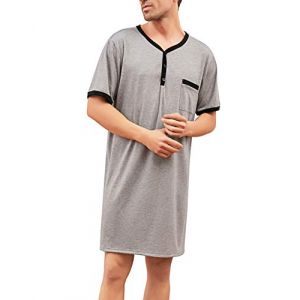 Chemise de Nuit Liquette Homme Coton Pyjama Manches Courtes Hauts de Pyjama Homme Col Rond avec Boutons Tee-Shirt Long Confortable V&ecirc;tements d'Int&eacute;rieur Homme T-Shirt Douce XL (ANXINDA, neuf)