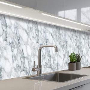 KitchenYeah© Crédence Cuisine À Coller 60x400 cm Protection Plaque De Cuisson Adhesif Plastique Rigide Dalle Murale Mosaïque - Marbre - Blanc - Irrégulier (KitchenYeah, neuf)