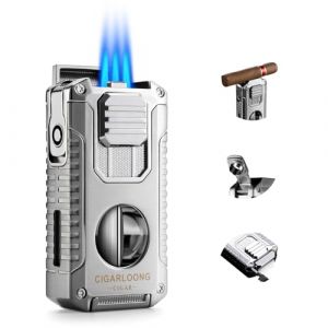 Briquet à Cigare Multifonction 5 en 1 avec Coupe Cigare en V, poinçon, Aiguilles, Porte-Cigare Le Support, Briquet Butane à Triple Jet de Flamme, sans Gaz (Argenté) (Cigarking, neuf)