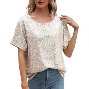 Body argent&eacute; pour femme, chemisier &agrave; paillettes scintillantes, t-shirt &agrave; paillettes &agrave; manches courtes pour les vacances, les soir&eacute;es en bo&icirc;te de nuit T-shirt pour femme avec imprim&eacute;, or, XXL (⭐⭐⭐⭐⭐Tiantian1, neuf)