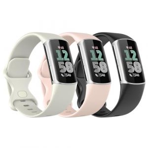 Astorgos 3 Pièces Bracelet de Montre Compatible avec Fitbit Charge 6/Fitbit Charge 5 pour Femme Homme, Bracelet de Remplacement en TPE Souple, Noir/Blanc Lune/Rose Sable (cuiyuhao, neuf)