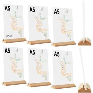 kiptyg Lot de 6 Supports Acrylique A5 avec Base en Bois &ndash; Pr&eacute;sentoir de Table pour Menus, Flyers, Affiches &ndash; Support Vertical/Inclin&eacute; en Plexiglas &ndash; Pour Restaurant, Comptoir, 14.8x21 cm (XsyAy, neuf)