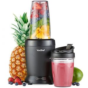 VonShef Blender Smoothie de 1000 W - Mini Mixeur Blender pour Fruits, Légumes et Glace Pilée - Avec Tasses de Voyage de 500 ml et 800 ml, 1 Bouton de Contrôle - Noir (VonHaus EU, neuf)