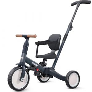 newyoo Tricycle draisienne 5 en 1, Tricycle de 1 à 3 Ans, Tricycle pour Enfants avec Barre de poussée, vélo pour Enfants, draisiennes, Guidon, Barres de sécurité, TR007, Gris Anthracite (NEWYOO-EU, neuf)