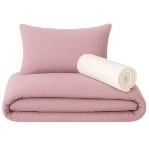 Lovely Hippo Drap Housse 80x160 cm + Housse de Couette (100% Mousseline Coton) 120x170cm + Taie Oreiller (100% Mousseline Coton) 40x60cm - Parure 3Pcs 80x160 cm - Douce et a&eacute;r&eacute;e (Rose, 80 x 160 cm) (VRC Products France, neuf)