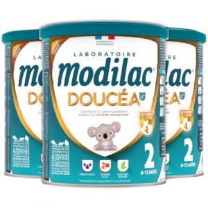 Modilac - Lait Infantile en Poudre Doucéa Lf+2 - Lait 100% Français - Lactoferrine*, Vitamines**, DHA*** - Convient en Relais de l'Allaitement Maternel - 2e Age, de 6 à 12 Mois - Lot de 3x820g (Laboratoire Modilac, neuf)