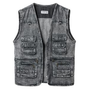 Yukirtiq Gilet en Jean pour Homme Cowboy Gilet Moto Multipoches Veste en Jean Sans Manche Denim Gilet Biker, Charbon, XL (Yukirtiq, neuf)