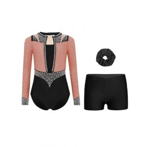 RUNQHUI Fille 3 Pi&egrave;ces Ensemble Gymnastique Justaucorps Manches Longues avec Short et Bandeau des Cheveux Tenue Gymnastique Strass pour Comp&eacute;tition Spectacle B Rose poussi&eacute;reux Noir 5-6 ans (RUNQHUI, neuf)