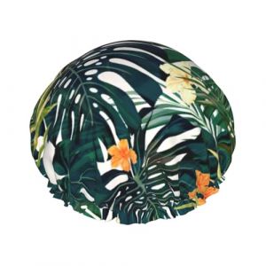 Bonnet de douche double couche avec imprimé floral hawaïen tropical hawaïen, feuilles de palmier, réutilisable, léger et doux pour femme (zhoupeipei6, neuf)