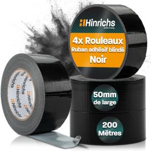 Hinrichs Ruban Adh&eacute;sif Noir &ndash; Lot de 4 Rouleaux de Gros Scotch Noir 50mx50mm Scotch Renforc&eacute; Ultra R&eacute;sistant &ndash; Duct Tape &Eacute;tanche &ndash; Ruban Gaffer pour Peinture et R&eacute;parations Int&eacute;rieures et Ext&eacute;rieures (ILP GmbH, neuf)
