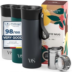 Mug Isotherme Transportable Thermos Café avec Sangle & Infuseur à Thé en Acier Inoxydable – 360 ml | Tasse à Café Inox Double-Paroi isolée sous-vide, sans BPA, étanche | Thermos de voyage réutilisable (PL|Concepts, neuf)