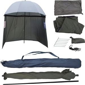 PHOENIX 91309 Parapluie de pêche Ø220 cm tente de pêche avec cape, piquets de sol, protège de la pluie, du vent, du froid, et des UV, pour 3 hommes et équipement+ valise GRATUITE (MULTISHOP_24H, neuf)