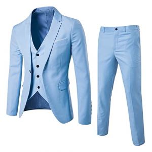 Foweknow Costume pour homme 3 pièces coupe slim fit mariage basique classique uni ensemble 3 pièces complet veste pantalon de costume gilet costume d'été coupe formelle costume blazer costume, BU1, L (ROTPMS, neuf)