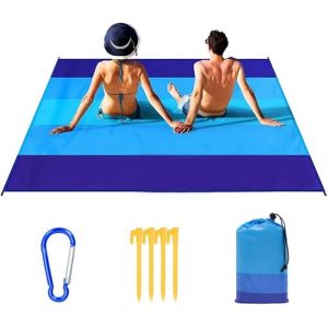 Ryvera Tapis de Plage 210 x 200cm, Natte de Plage, Couverture de Plage Imperm&eacute;able avec 4 Piquets, Portable Serviette de Plage Anti Sable, Drap de Plage pour Picnic Plage Camping Parc Voyage Randonn&eacute;e (RANYUE, neuf)