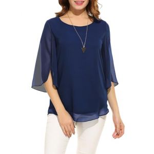 Timuspo Tunique décontractée en mousseline de soie pour femme - Col rond - Grandes tailles - Demi-manches - Chemisier d'été - Coupe ample, bleu marine, M (ZZYH, neuf)