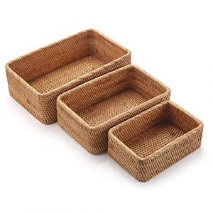 Paniers de Rangement Rectangulaires en Rotin Corbeille en Osier Tress&eacute; Naturel pour &eacute;tag&egrave;re D'armoires de Cuisine 3 Pi&egrave;ces (DOKOT DESIGN CO., LTD, neuf)