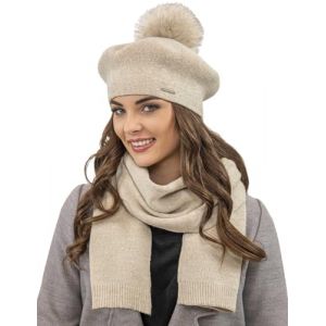 VIVISENCE B&eacute;ret Femme pour L'automne Et l'hiver avec Pompon en Fausse Fourrure Tricot&eacute; en Laine Acrylique Doux Chaud Et Confortable Id&eacute;al Classique Et &Eacute;l&eacute;gant 7035, Beige,Taille Unique (OtherEden &  DUmalDU, neuf)