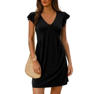 Dokotoo Robe Femme Chic et Elegant Taille Empire d'&eacute;t&eacute; sans Manches Col en V Fluide L&eacute;g&egrave;re &agrave; Volants Casual de Plage Mini Robes Femmes Tunique Courte Printemps Ete D&eacute;contract&eacute;e V&ecirc;tements Noir L (DOKOTOO-EU, neuf)
