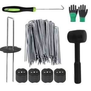 50 Piquets de Fixation de Jardin,avec 50 Rondelles Sardine,avec 1 Crochet et 1 Hammer,Pelouse Agrafes,Agrafes pour Toile de Paillage,Sardines Camping,Sardines de Fixation,Galvanisé Ancrage au Sol (Jiahuade, neuf)