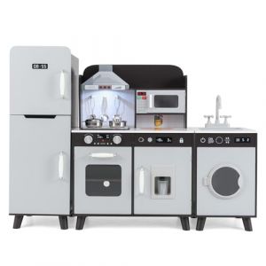 GOPLUS Cuisine en Bois Enfant, Jouet de Cuisine d'angle avec Effect Sonore et Lumi&egrave;res, R&eacute;frig&eacute;rateur, Machine &agrave; Laver, Hotte, Micro-Ondes, Rangement, Cuisine Modulaire de Jeu pour 3+ Ans (Brun) (Augenstern24, neuf)