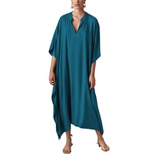 Bsubseach Robe de Plage Femme Soyeux Caftan Manches Chauve-Souris Djellaba Boubou Paréos V Cou Kaftan Maxi Robe D'été Tunique Bohème Beachwear Paon Bleu (Bsubseach-EU, neuf)