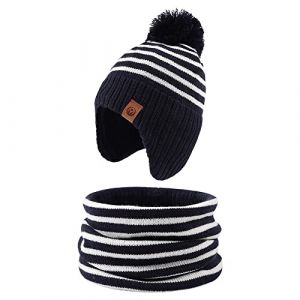 XIAOHAWANG Ray&eacute; Tricot&eacute; B&eacute;b&eacute; Bonnet Hiver Chaud Enfant Chapeau Classique Fille Gar&ccedil;on Bonnets avec Pompom Tout-Petit Chapeaux pour Activit&eacute; de Plain Air(Marin(Chapeau+&eacute;charpe),2 &agrave; 4 Ans) (Xiaohawang Market, neuf)
