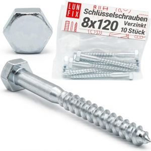 Lun Fix Vis &agrave; Bois 8 x 120 mm Acier Zingu&eacute; &ndash; 10 Pi&egrave;ces | Tirefond Hexagonal | Cheville B&eacute;ton| Support Poteau Bois | Visserie M&eacute;tal | Portillon | Alternative Inox (LUN FIX, neuf)