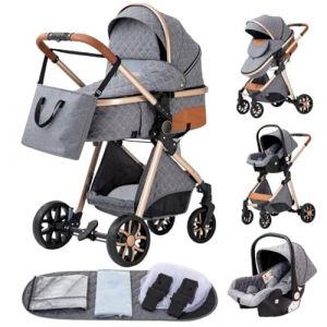 YAZOCO Poussette 3 en 1 Compacte 0-36kg Combiné Es Anstout Terrain Luxe Haut Paysage Quadruple Bébé Pliable Canne Poussettes Confort Accessoires Auto Siège Gris (YAZOCO BRAND STORE, neuf)