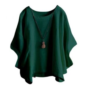 ORANDESIGNE Chemise Lin Femme Chemisier Coton Et Lin Col Rond Manches Chauve-Souris Tops Unie Lâche Respirant T-Shirts Demi-Manches Casual Lin Tunique Blouse Pas d'accessoires A Vert Foncé 3XL (ORANNER EU, neuf)