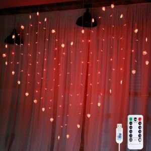 EONANT Rideau lumineux en forme de c&oelig;ur - 128 LED aliment&eacute;es par USB - Avec 34 lumi&egrave;res en forme de c&oelig;ur - 8 modes - Convient pour No&euml;l, mariage, f&ecirc;te, d&eacute;coration de chambre &agrave; coucher - Rouge (AntEuro, neuf)