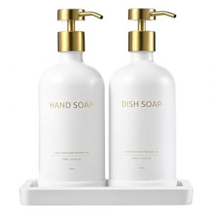 Janxin 500ml Distributeur de Savon en Verre avec Plateau Distributeur, Distributeur Savon Verre, Distributeur De Savon Set, Convient pour la Cuisine, La Douche(Flacon Blanc + t&ecirc;te dor&eacute;e) (Janxin, neuf)