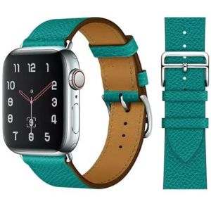 Fsavlroy Bracelet Cuir Compatible avec Apple Watch 42mm 41mm 40mm,Fin Cuir V&eacute;ritable Bracelet pour iWatch Ultra 3/2/1 Series 11/10/9/8/7/6/5/4/(SE 3 2 1),Vert Paon/Grain (Aergood, neuf)