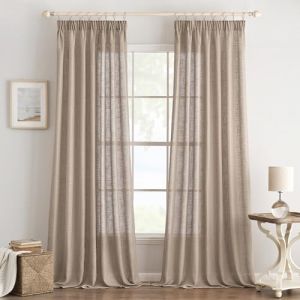 EMEMA Rideaux Rideau De Lin avec Fronceur Voile Rideau Aspect Lin Moderne Semi-Transparent pour Salon Echarpe DéCorative Rideaux De Cuisine Echarpe à Passants Marron foncé 140 x 215 cm (EMEMA HOME, neuf)