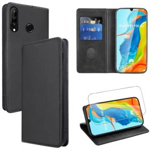 Vauki Coque Cuir pour Huawei P30 Lite/Nova 4e 6.15" avec 1 Verre Tremp&eacute; Etui &agrave; Rabat en PU Porte-Cartes Portefeuille Support Flip Housse Magn&eacute;tique Antichoc Anti-rayures Case pour Huawei P30 Lite,Noir (HARMONIQUE WAY, neuf)
