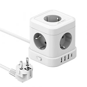 JSVER Cube Bloc Multiprise 5 Prises avec 4 Ports USB C Chargeur (5V3,4A/17W) Prise Multi und Interrupteur pour Domicile, Bureau Cable 2m-Blanc (JsverDirect, neuf)