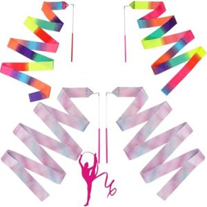 4 Pi&egrave;ces Rubans de Danse, 2 m Ruban Gymnastique Enfant Arc-en-Ciel et Rose, Ruban de Gymnastique Rythmique avec Baguette pour Enfants Filles Danse Artistique, Gymnastique, Entra&icirc;nement, Cadeaux (OasesW, neuf)