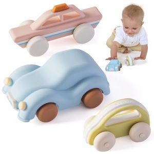 Moonkie Roll & Go Voiture Enfant, Lot de 3, Jouet Bebe pour 6 Mois+, Petites Voitures en Silicone Souple, Jouet Dentition B&eacute;b&eacute;, Voiture Bebe sans BPA, Cadeau Garcon &Fille,pour No&euml;l & d'anniversaire (moonkie store, neuf)