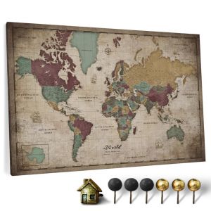 CANVASCALE Carte du monde en toile avec tableau d'affichage en liège - Labels en anglais - Décoration murale décorative pour toutes les pièces - Tableaux sur toile (90x60 cm, Motif 12) (canvascale_maps, neuf)