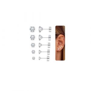 CASSIECA 5 Paires Acier Inoxydable Boucles d&rsquo;Oreilles pour Homme Femme Unisexe Boule Helix Clous d&rsquo;Oreilles Ronde Cartilage Piercing Oreille CZ, 2-6MM (Yanjia EU, neuf)