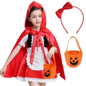 Cadimus D&eacute;guisement Chaperon Rouge Enfant 100, Costume Chaperon Rouge Fille, Deguisement Enfant avec Robe Cape Tablier Bandeau et Sac Citrouille, pour Carnaval Halloween Jeu de R&ocirc;le (F-NUOCHUANG, neuf)