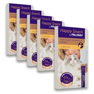 Happy Snack by FELIWAY - Pack de 5 boites - Friandise Onctueuse Relaxante pour Chat - Appréciée par 86% des Chats - sans Somnolence - Au Poulet - 30 Sticks de 15g (FELIWAY® / ADAPTIL®, neuf)